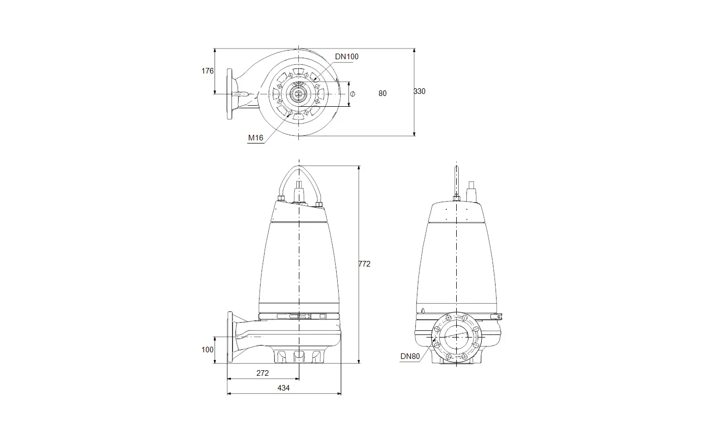 Tauchmotorpumpe von Grundfos mit Einkanallaufrad, gezeichnet in technischen Ansichten. Maße und Anschlüsse sind schematisch dargestellt.